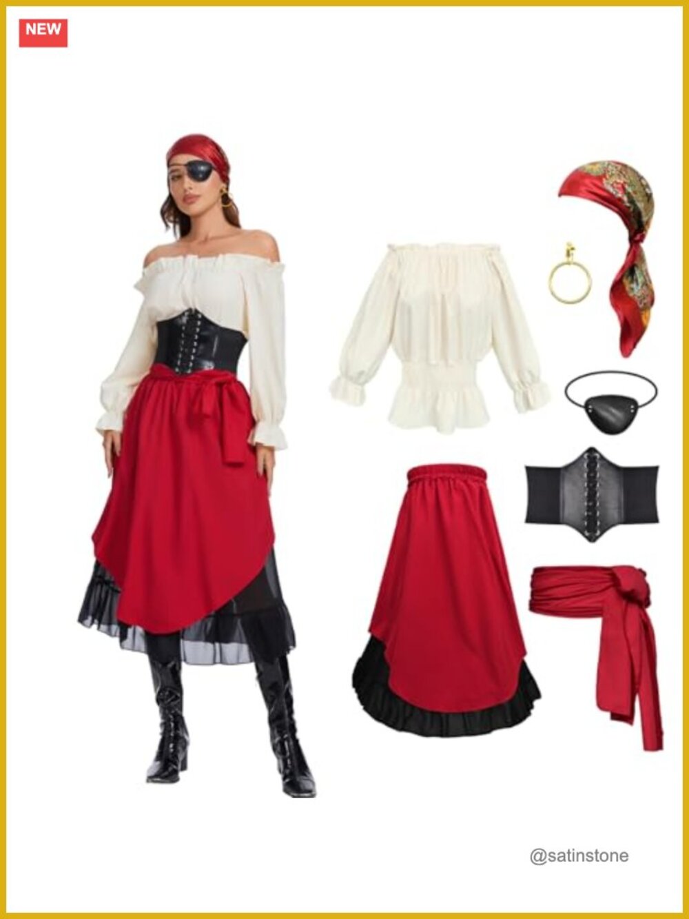 Renaissance Pirate Costume Set Strapless Top Skirt Corset Belt 7 Piece